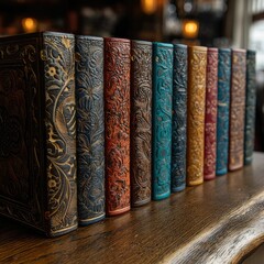 Row of decorative leather-bound books (1)