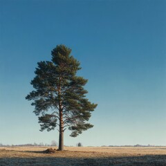 Obraz premium Solitary pine tree on a vast, sunlit field against a clear blue sky