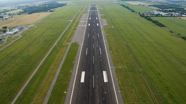 Aerial view of long asphalt runway flanked by green fields and sky  
