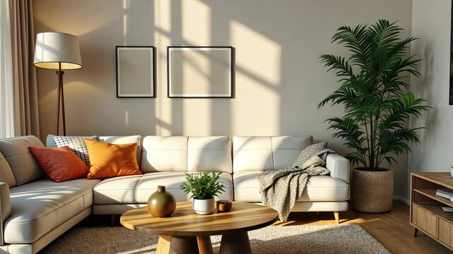 A bright and cozy living room, designed with contemporary and minimalist features.