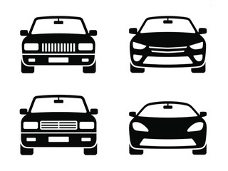 Obraz premium Black Front View of Four Car Icons Vector Isolated on Transparent Background