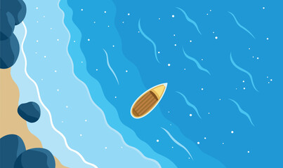 Aerial View of Ocean Waves Meeting Shoreline with a Lone Boat Floating Near the Water's Edge