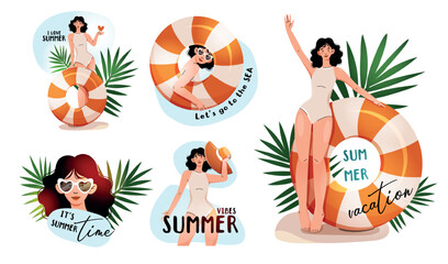 Bright summer vacation illustration with a girl relaxing on the beach, palm trees, sun, and ocean waves. Perfect for travel, holiday, and tropical themes.