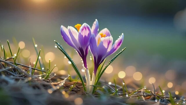 Close-up of a vibrant purple crocus flower adorned with water droplets, highlighting its freshness and delicate beauty. Perfect for nature, spring, and macro photography.