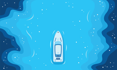 Aerial Top View of a Boat Gently Drifting Across the Center of Vast Blue Ocean Lake Water