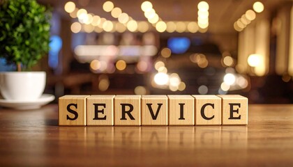 サービスを意味するSERVICEの文字が書かれた木製のキューブブロック。aiで生成	
