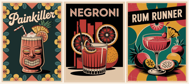 Retro mid-century modern cocktail posters set featuring Painkiller, Negroni, and Rum Runner. Stylish vintage bar art perfect for cocktail menus, home bars, and party invitations
