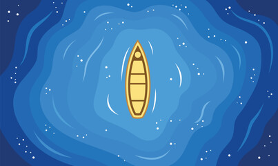 Aerial View of Floating Boat Centered in Vast Blue Water Ocean Lake
