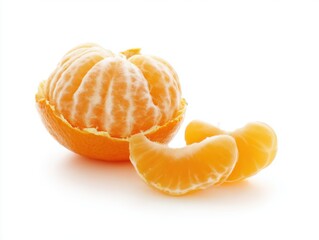 Partially peeled mandarin orange on white background
