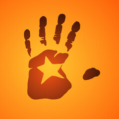 handprint in dark orange against an orange background. The handprint has a five-fingered design and contains a bright, yellowish-orange star at its center. The style is somewhat abstract, and the edge