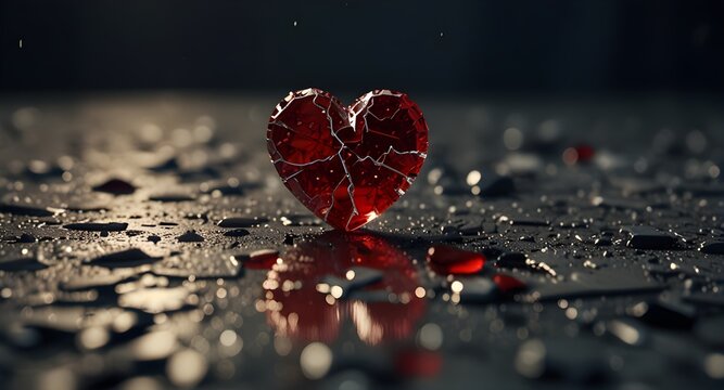 Un cuore frantumato &egrave; visibile a terra, simboleggiando la sofferenza e la tristezza della separazione.  