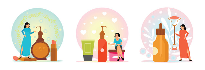 Girls with Different Cosmetic Products. Skincare Routine. Taking Care About Beauty and Health.