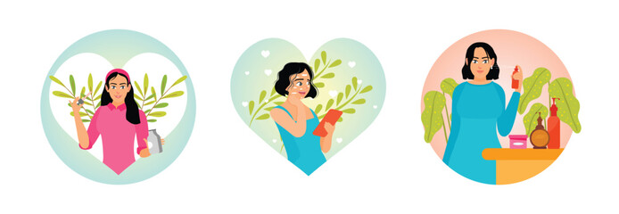 Girl Holding Cosmetic Serum Oil. Smears Cream on Her Face. Applying Face Spray.