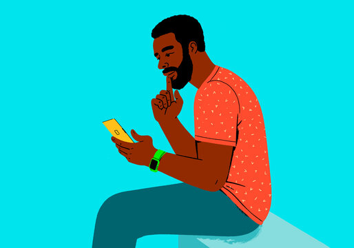 Illustration of a man in casual clothing contemplating while looking at a smartphone