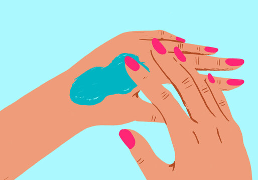 Illustration of hands applying lotion as part of a skincare routine
