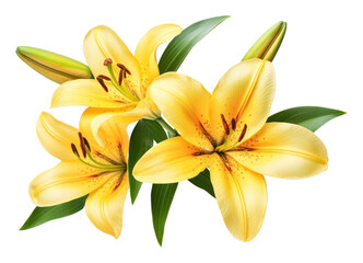 Fototapeta premium PNG Yellow lily flowers with green leaves yellow floral leaf.