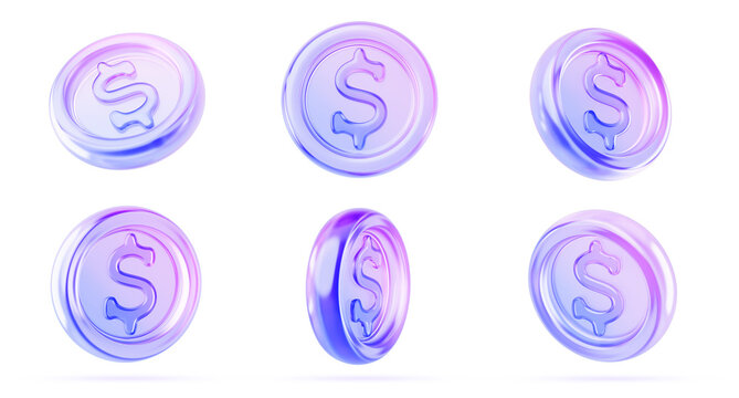 Glass holographic coin with dollar sign in different angles. Iridescent cash money with neon gradient texture. 3d render icon set of currency - financial wealth, profit and deposit. 3D illustration