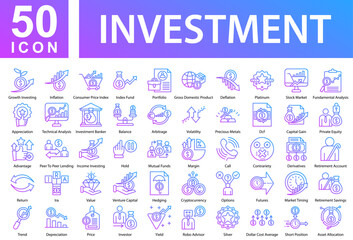 Investment Collection of Icons with Colorful Glyphs. Containing: Growth Investing,Inflation,Consumer Price Index,Index Fund,Portfolio,Gross Domestic Product,Deflation,Platinum,Stock Market,Fundamental