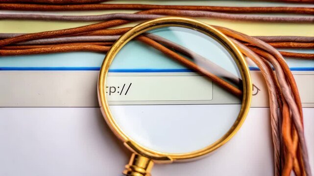 Phishing protection and fraud cybersecurity, A magnifying glass examines a fake website URL, emphasizing internet security and awareness.