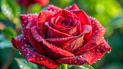 A close-up of a blooming red rose with morning dew generative ai