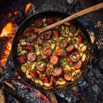 Chorizo and white beans in blackened pan over wood fire