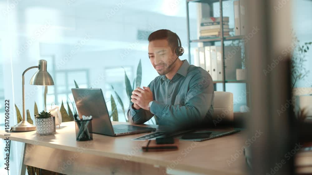 Poster headset, man and virtual assistant with laptop in office for online appointment setting. mic, techno