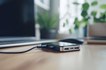 Closeup up of charger adapter plugged in power socket indoors. Concept of charging devices
