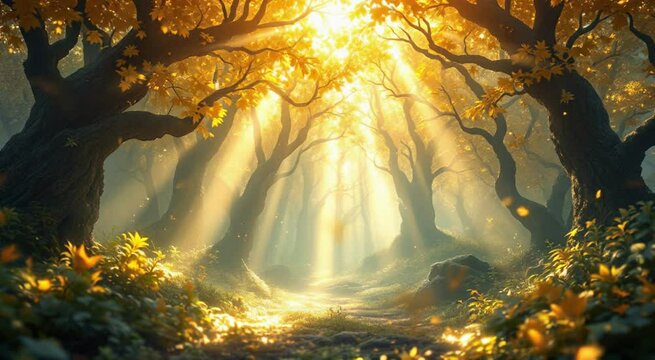 Golden autumn forest sunlight path magic
