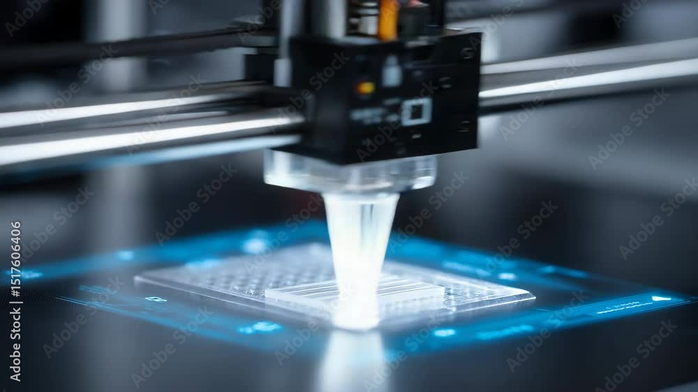 Poster advanced bioprinting machine depositing bio ink layer by layer onto a transparent substrate, illumin