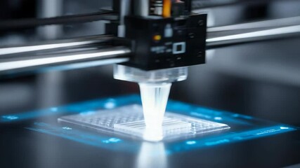 Advanced bioprinting machine depositing bio ink layer by layer onto a transparent substrate, illuminated by blue light, fabricating complex three dimensional structures for medical applications