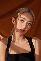 Dermatology-focused stock photo female with flawless skin poses in casual tanktop warm studio lighting commercial use