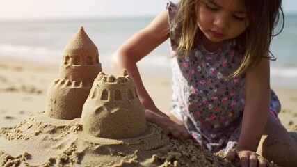 Girl building sandcastles on beach - Powered by Adobe
