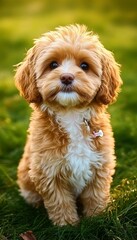 Cute Joyful Puppy Playing on a Green Field, Smiling and Enjoying a Beautiful Sunny Day Outdoors