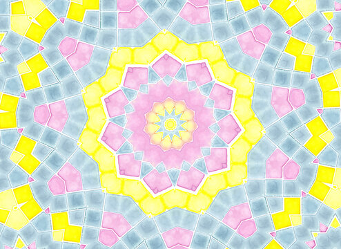 Colorful watercolor mandala pattern with geometric design
