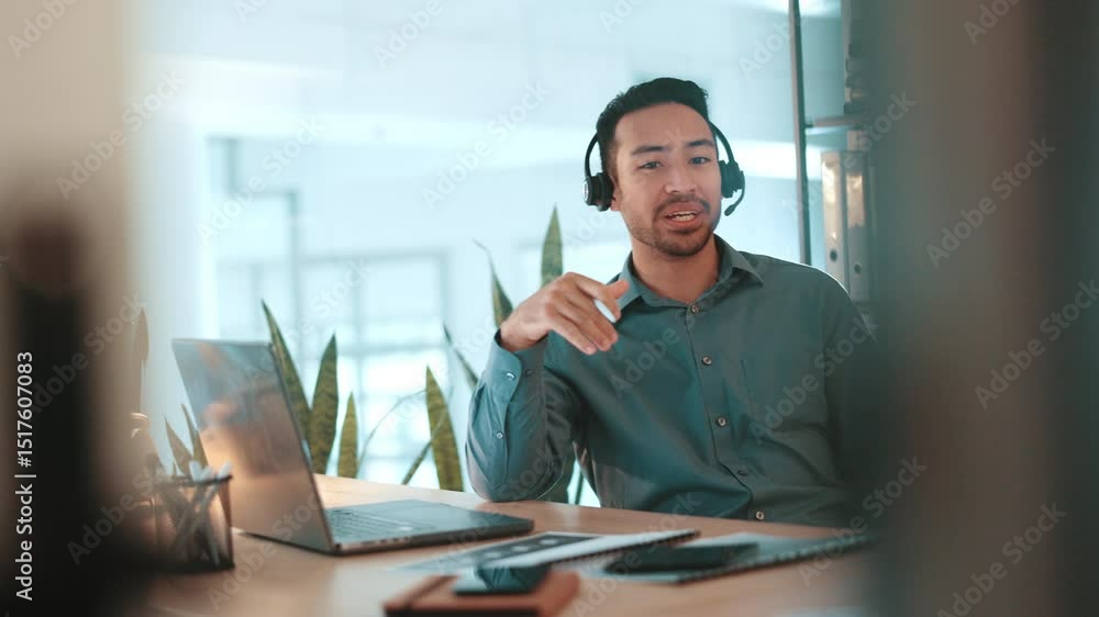 Aufkleber Headset, man and receptionist with laptop in office for online appointment setting. Mic, technology and male virtual assistant with computer for customer service, help desk or support in workplace.