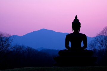 Sunset silhouette of a Buddha statue against a mountain landscape