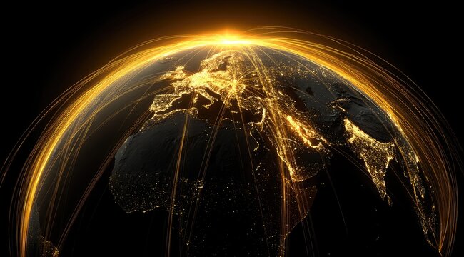 Golden globe, world map,  city lights,  lines,  sunrise - Powered by Adobe
