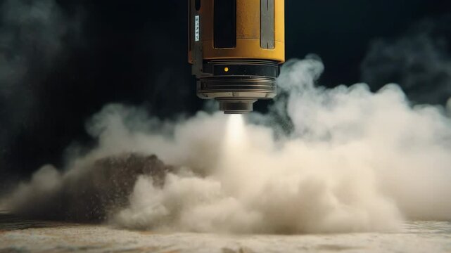 Innovative mining drone extracting valuable resources from the surface of an alien planet, creating a cloud of dust and particles in the process