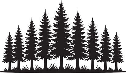 Obraz premium Pine Trees Forest with Grass Silhouette Vector Nature Landscape Illustration.