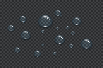 Realistic water drops. Drops after rain. Condensation on the surface, on the glass. Rain and dew. Vector.