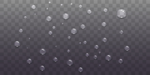 Realistic water drops. Drops after rain. Condensation on the surface, on the glass. Rain and dew. Vector.
