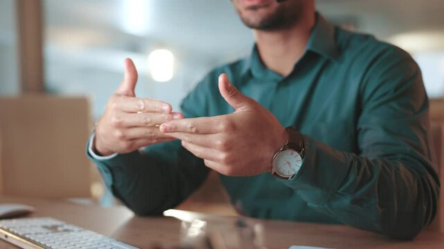 Headset, man and call center agent in office at night for help desk, support or translation. Mic, lead generation and male customer service consultation with online multilingual query in workplace.