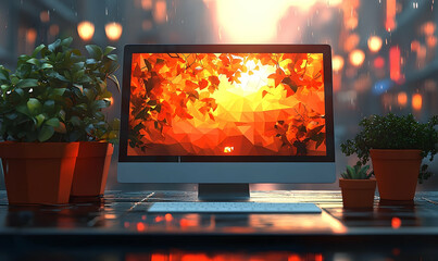 Computer display showing abstract autumn leaves, flanked by potted plants, on a reflective surface in an urban setting