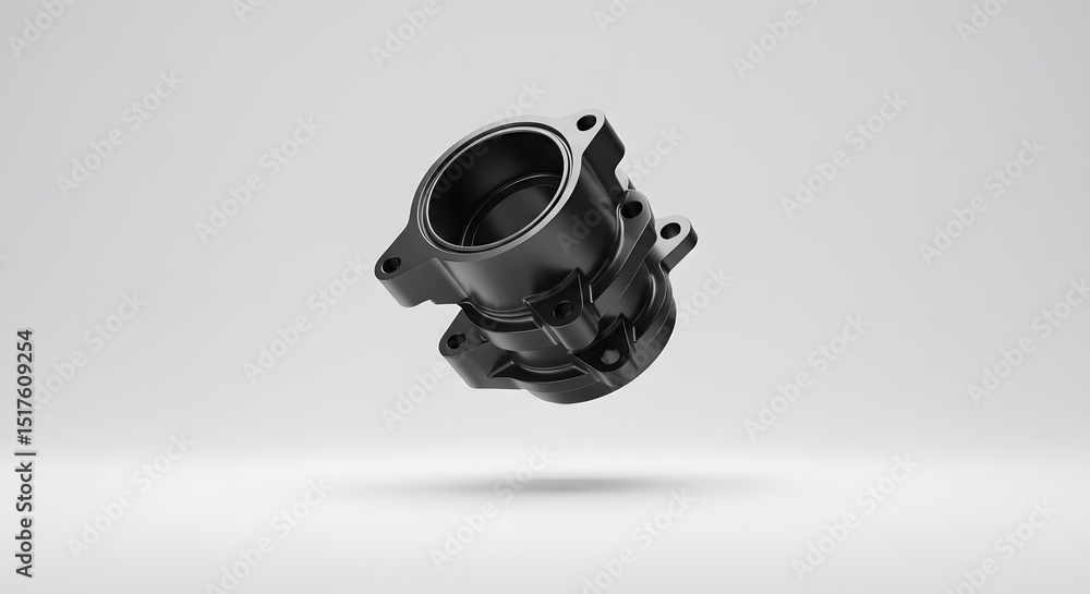 Poster precision engineered black automotive part: detailed 3d render of a complex machine component