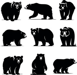 Collection of nine graphic style bear images in black and white