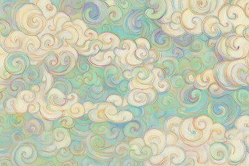 Whimsical clouds swirling in a pastel sky