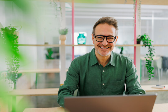 Smiling businessman working on a laptop in a modern office with plants