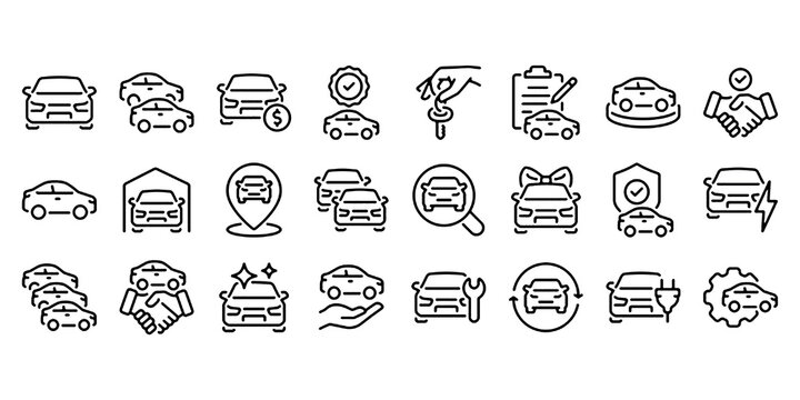 Car dealer, vehicle and automobile industry related editable stroke outline icons set isolated