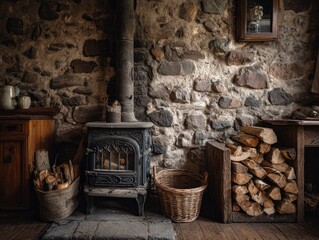 Rustic interior scene featuring a vintage wood-burning stove set against a rough stone wall, flanked by woodpiles and rustic furniture