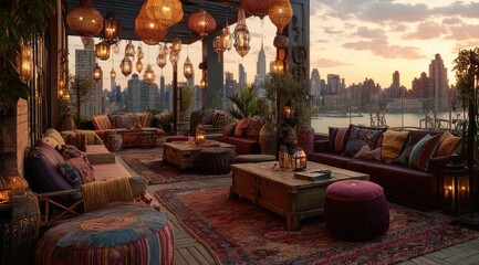 Rooftop lounge with cityscape sunset view, featuring eclectic furniture, rugs, and lanterns creating a bohemian ambiance